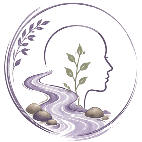 Wellspring - a watercolour profile holding a flowing stream, river stones and a young plant, encircled by a hand-drawn ring